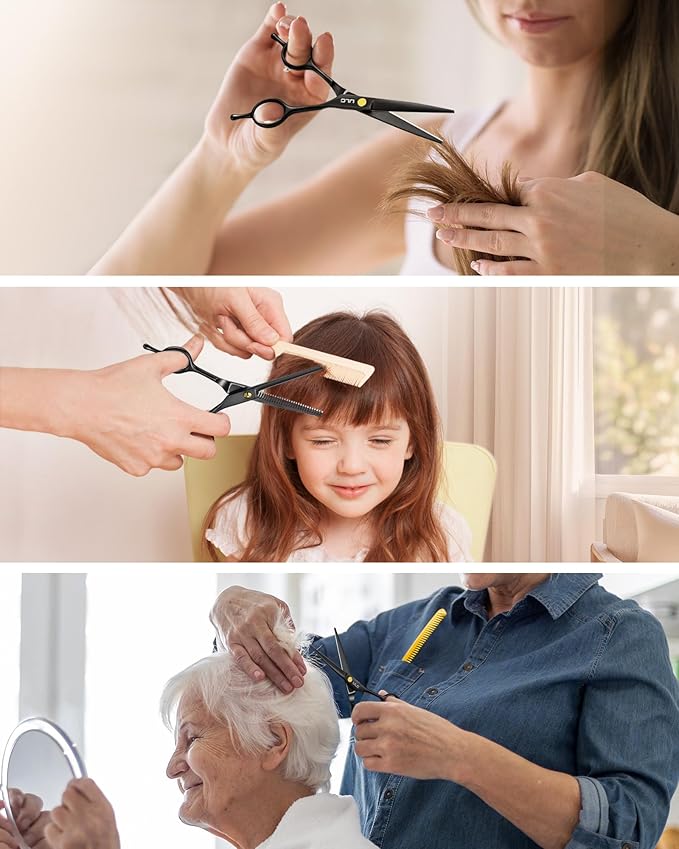 ULG Professional Hair Cutting Scissors Set – 6.5” Japanese Stainless Steel Barber Shears & Thinning Scissors with Comb, Clips & Case – at-Home Salon Haircut Kit for Men, Women, Kids, Black
