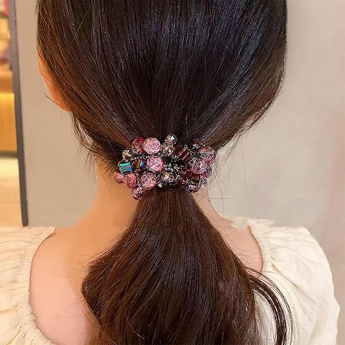 Crystal Beaded Hair ties Scrunchies, Pink and Blue Glass Beads, Black Elastic Band, 2 Pack hair accessories for women。