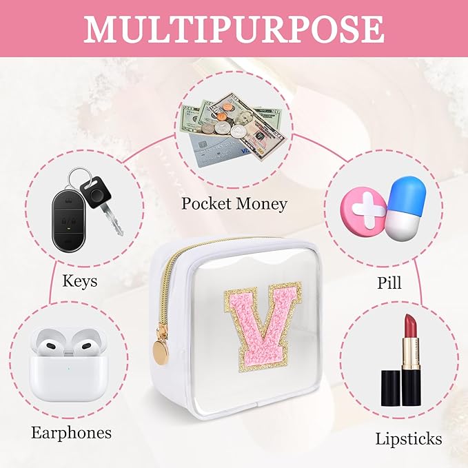 Mini Clear Personalized Initial Makeup Bag,Small Nylon Waterproof Zip Beach Cosmetic Pouch,Preppy A-Z Chenille Letter Patch Cute Coin Purse Travel Toiletry Bag Car Pack Bag for Women(White-Pink V)