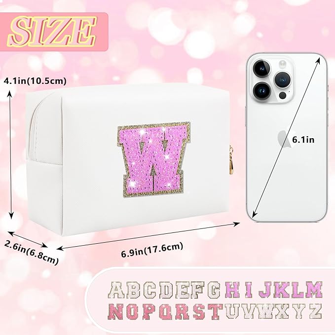 Personalized Initial Letter Patch Makeup Bag, Preppy Glitter Letter Makeup Organizer, Cute Monogrammed Pouch Cosmetic Bag PU Leather Waterproof Travel Toiletry Bag, Gift for Women Teen Girls(Letter W)