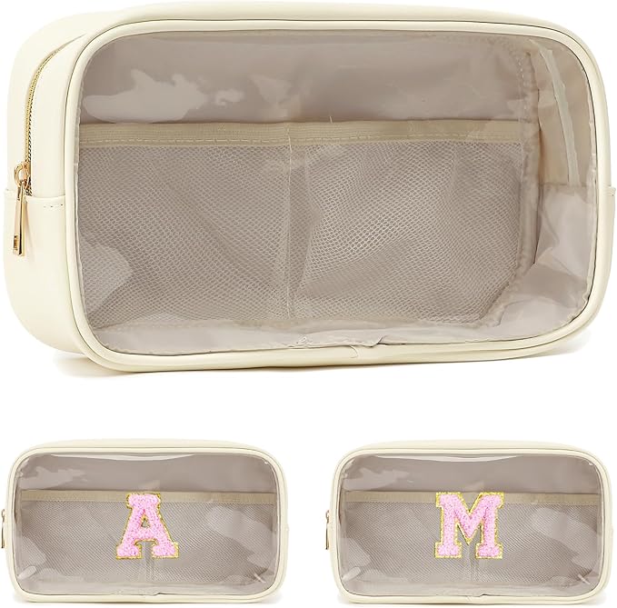 Clear Makeup Bag with 2 Customizable Chenille Letters - Waterproof PU Leather Cosmetic Case, Large Personalized Toiletry Pouch for Women & Teens, Ideal for Travel & Gift