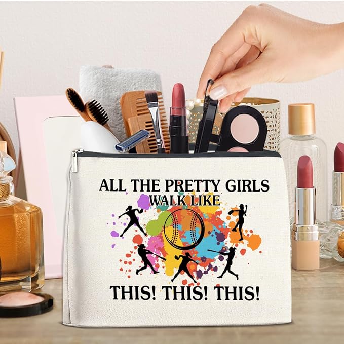 Softball Gifts Makeup Bag, Cool Gifts for Women Her Girl Christmas Friendship Gift for Softball Lovers Team Players BFF Besties Cosmetic Travel Bag Pouch for Purse