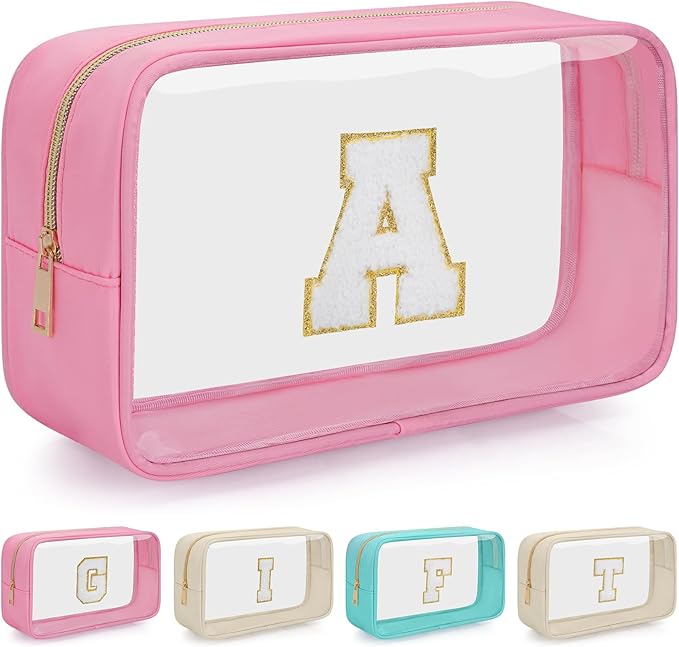 Personalized Initial Clear Makeup Bag, Travel Chenille Patch Cosmetic Bag, Preppy Toiletry Bag Monogram Cosmetic Pouch with Zipper, Ideal Gift for Teen Girls Women (Clear-Pink, A)