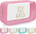 Personalized Initial Clear Makeup Bag, Travel Chenille Patch Cosmetic Bag, Preppy Toiletry Bag Monogram Cosmetic Pouch with Zipper, Ideal Gift for Teen Girls Women (Clear-Pink, A)
