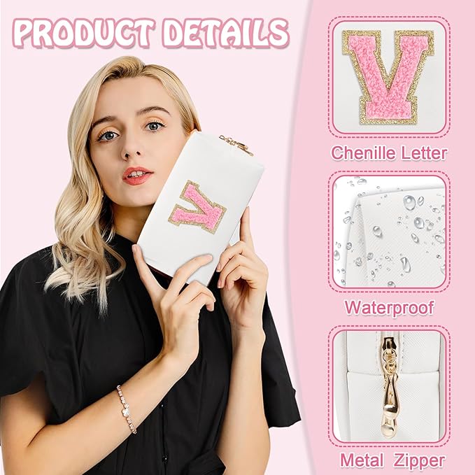 Personalized Initial Preppy Patch Makeup Bag, Travel Toiletry Zipper Pouch Cute White Cosmetic Organizer Small Makeup Bag for Purse, PU Chenille Letter Make Up Bags Gift for Women Girl Mom(Letter V)