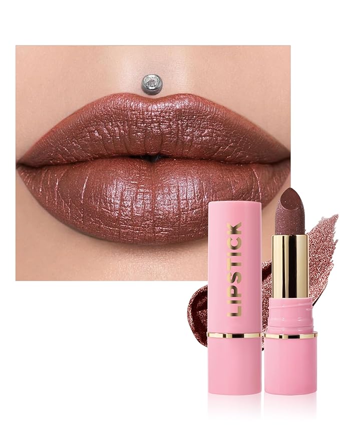 Glitter Metallic Brown Shimmer Lipstick Long Lasting, Glitter Diamond Shine Nude Red Lipstick Transfer Proof Non-Stick Lip Gloss Shimmer Highly Pigmented Full Coverage Lip Makeup for Women-08