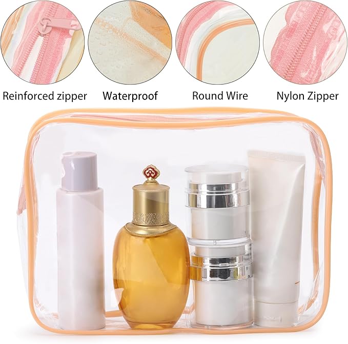 Tbestmax 10 Pack Clear Cosmetic Bags Makeup Bags Portable Waterproof TSA Approved Travel Toiletry Bags Large Organizer Peach Pink, 9.8" x 7.1" x 2.4"