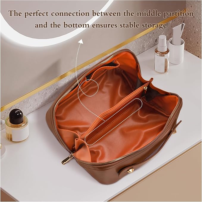 Abiudeng Travel Makeup Bag Large Capacity Toiletry Bag for Travel Essentials Open Flat Makeup bag Organizer with Divider and Handle-Brown