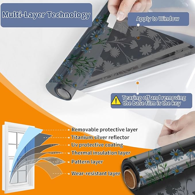 One Way Privacy Film, Window Tint for Home,Daytime Reflective, Anti UV Static Cling Sliding Door Coverings No Glue Garage Solar Paper (Black - Silver-Daisy, 17.5 x 78.7 in)
