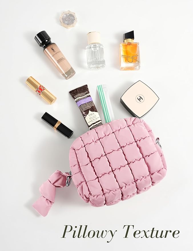 Yarnic Quilted Makeup Bag Cosmetic Bag, Quilt Cosmetic Pouch Puffy Travel Toiletry Bags for Women, Cute Makeup Bag Organizer Soft Puffer Makeup Pouchs (S, Pink)