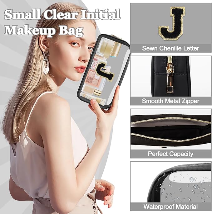 Small Clear Personalized Initial Makeup Bag,Nylon Preppy A-Z Chenille Letter Patch Cosmetic Pouch Beach Toiletry Bag,Waterproof Zipper Travel Purse Storage Bag Organizer for Women Girls(Black-Black J)