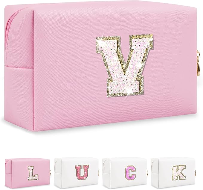 Personalized Initial Letter Patch Makeup Bag, Preppy Glitter Letter Makeup Organizer, Cute Monogrammed Pouch Cosmetic Bag PU Leather Waterproof Travel Toiletry Bag, Gift for Women Teen Girls