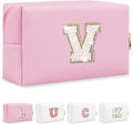 Personalized Initial Letter Patch Makeup Bag, Preppy Glitter Letter Makeup Organizer, Cute Monogrammed Pouch Cosmetic Bag PU Leather Waterproof Travel Toiletry Bag, Gift for Women Teen Girls