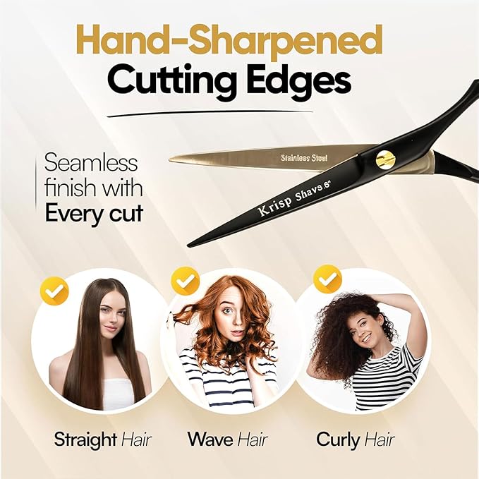 Professional Hair Cutting Scissors - Krisp Shave Stainless Steel Barber Salon Quality Scissor (6 Inch) - Shears for Men's Beard Mustache Women Kids Pets Haircut All Purpose Shear