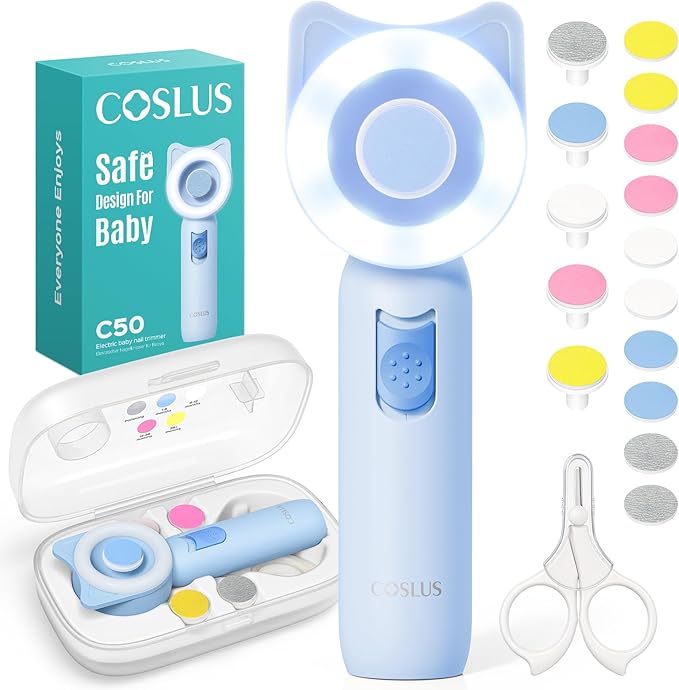 COSLUS Baby Nail Trimmer Electric: Gentle Baby Nail File with Quiet Design & 360° Light - Safe for Sleep Trim Grind, 16 in 1 Cute Nail Clipper Kit for Newborn Infant Toddler, C50, Blue