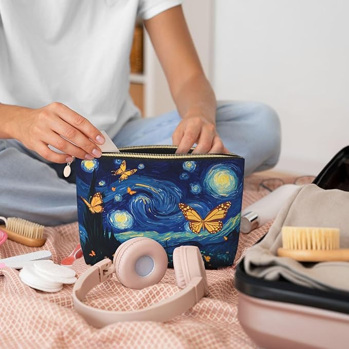 Womens Leather Makeup Bag Cosmetic Bag Travel Toiletry Bags Make Up Bags for Women Adult (Starry_Night_Butterflies)