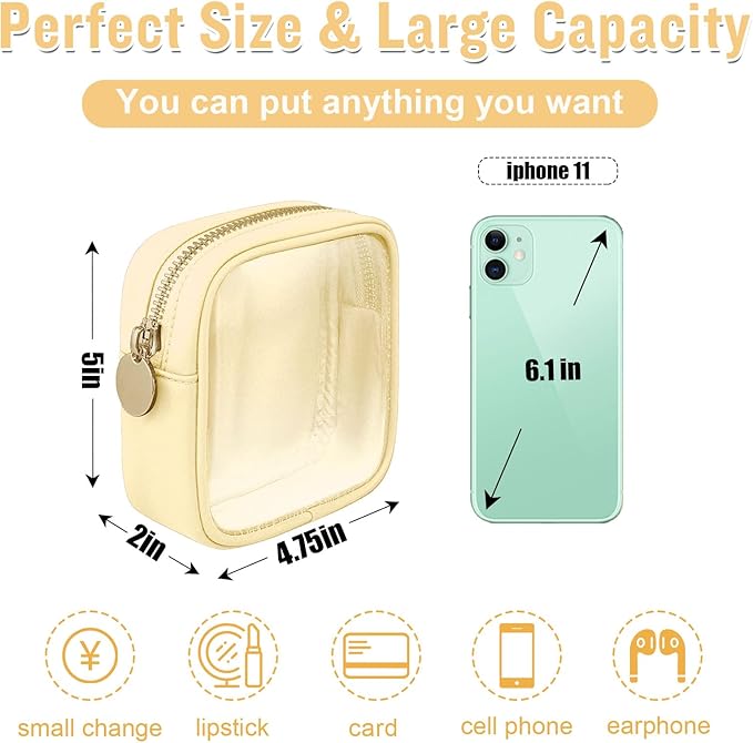 Mini Clear Travel Makeup Organizer Bag for Purse, Small Cute Makeup Bag Preppy Cosmetic Zipper Pouch Purse, Transparent PVC & Nylon Waterproof Coin Pouch Sanitary Napkin Storage Bag for Women(Beige)