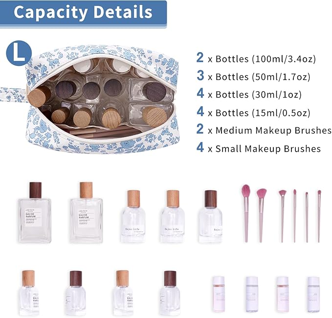 Narwey Cute Makeup Bag Small Toiletry Bag Travel Cosmetic Bag Organizer Make Up Bags with Organized Pockets for Women (Little Blue Flower, Large)
