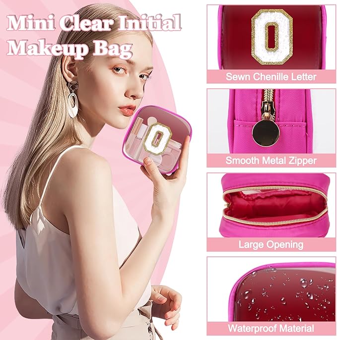 Mini Clear Personalized Initial Makeup Bag,Small Nylon Waterproof Zip Beach Cosmetic Pouch,Preppy A-Z Chenille Letter Patch Cute Coin Purse Travel Toiletry Bag Car Pack Bag for Women(Hot Pink-White O)