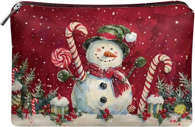 COEQINE Christmas Snowman Candy Make Up Pouches for Women Leather Organizer Cosmetic Bags Waterproof Vegan Leather Toiletry Bags Travel Essentials Pouch Mini Wallet Clutch Handbags
