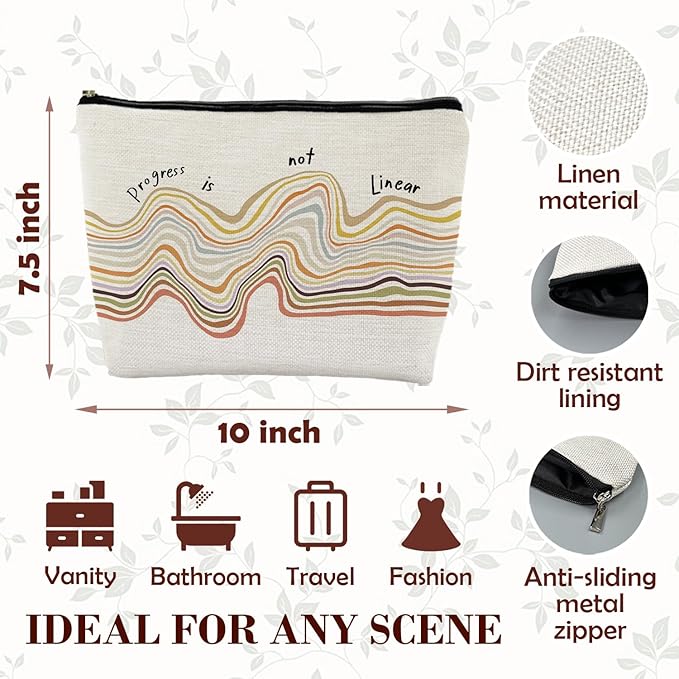 Progress is Not Linear Mental Health Makeup Bag for Purse, Inspirational Motivational Cosmetic Bag Travel Toiletry Bag for Therapist Counselor, Therapy Gifts Zipper Makeup Pouch