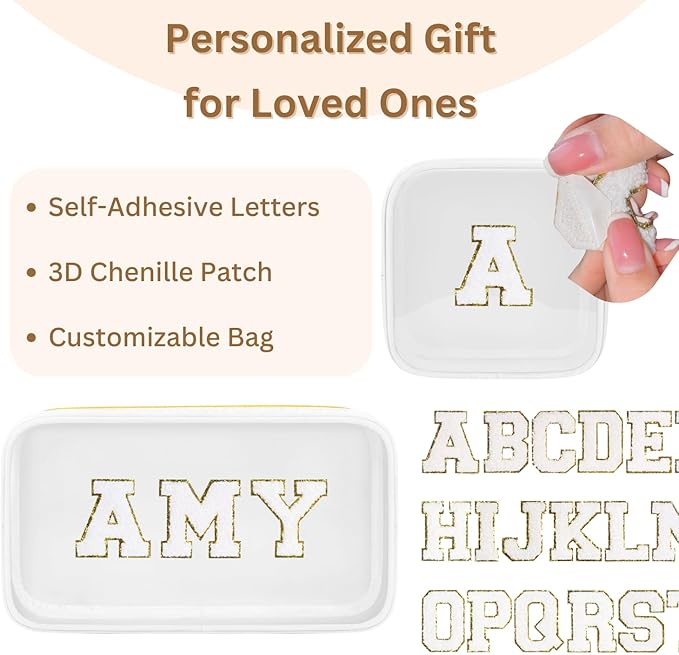 Personalized Travel Makeup Bag Set, 2PCS Toiletry Bag & 26 Chenille Letters, Elegant Skincare Bag, DIY Bridal Shower Gifts for Engagement Wedding (White)