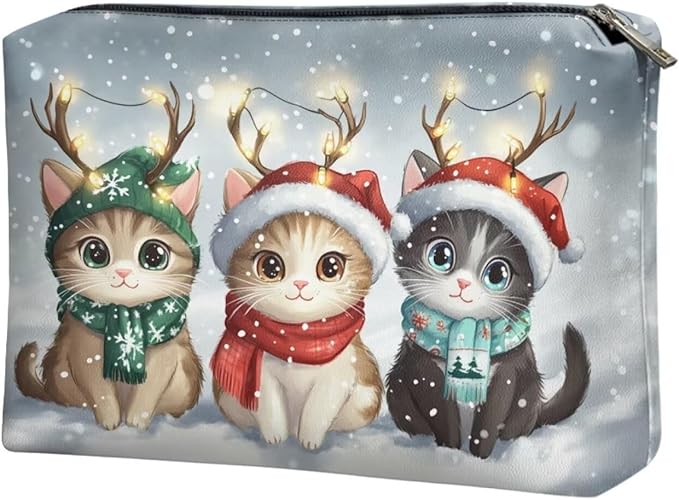 COEQINE Christmas Makeup Bag For Purses for Women Cute Cat Money Bags With Zipper Leather Cosmetic Bag For Purse Cute Soft Aesthetic Travel Toiletry Bag for Womens Birthday Gifts