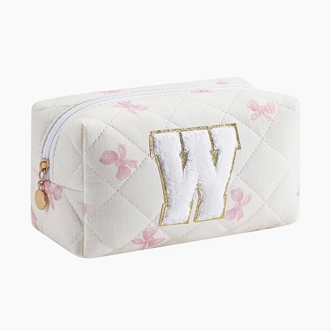 Gleyemor Personalized Initial Makeup Bag for Women, Cute Quilted Pink Floral Cotton Cosmetic Bag, Christmas Gifts for Her Mom Friend Sister Bridesmaid Teacher Women W
