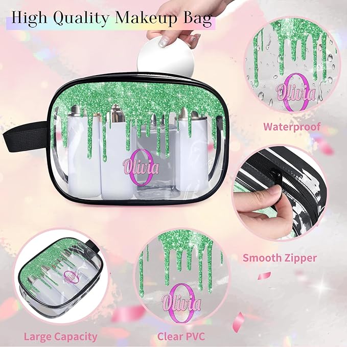 Personalized Name Toiletry Bag, Transparent PVC Large Travel Cosmetic Bag Portable Makeup Organizer Bag for Women Bathroom Shower Essentials, Water Flow Shape Lime Green Glitters