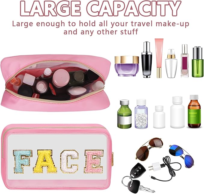 Iqimott Clear Patch Makeup Bag Face Pouch, Preppy Personalized Chenille Letter Cosmetic Pouch for Travel, Nylon Waterproof Organizer Travel Essentials Zipper Toiletry Bags for Women Girls(Pink)