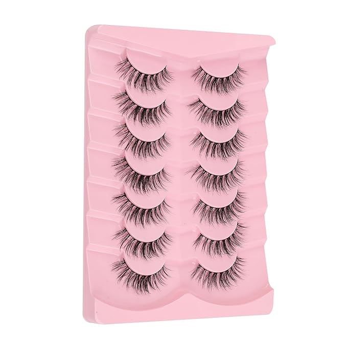 Natural Lashes False Eyelashes 17MM Wispy Lashes 3D Volume Strip Eyelashes C Curl False Eye Lashes 0.1MM Thin Band Fluffy Lashes Pack Siligli 7 Pair Lash Eyelash