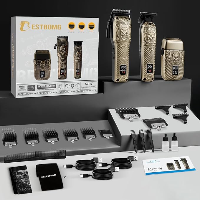 BESTBOMG® Hair Clippers for Men, Professional Hair Clippers, Beard Trimmer& Rechargeable Shaver Set, Metal T-Blade, LED Display, Barber Hair Cutting Kit for Men Grooming & Gifts, BS-807E (Bronze)