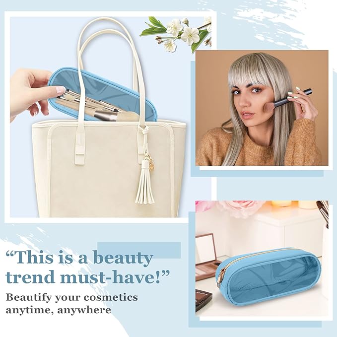 Preppy Cosmetic Clutch - Transparent PVC & Nylon Travel Toiletry Case, Slim Zipper Pouch for Purse, Cute Makeup Brush Case for Women(Blue)