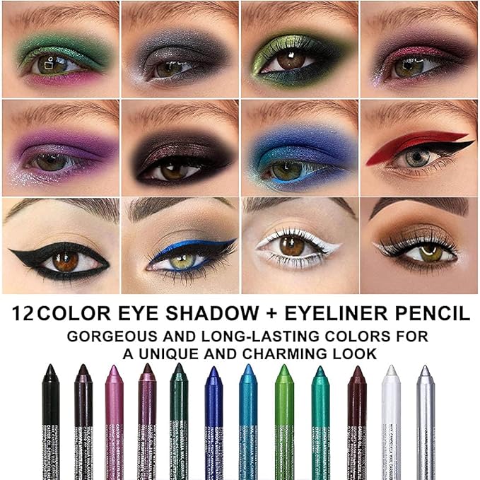 evpct 6Pcs Blue Colored Glitter Eyeliner Pencils Set,Dark Light Blue Green Purple Red Pink Metallic Colorful Liquid Eye Liner Set Women Waterproof