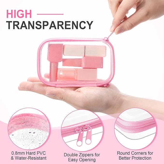 Hoolerry 3 Pcs Clear Hard Zipper Case Plastic Pouch Transparent Hard Case Clear Makeup Bag Portable Travel Organizer Bin for Cosmetics, Building Blocks, Puzzles(Pink,Xs)