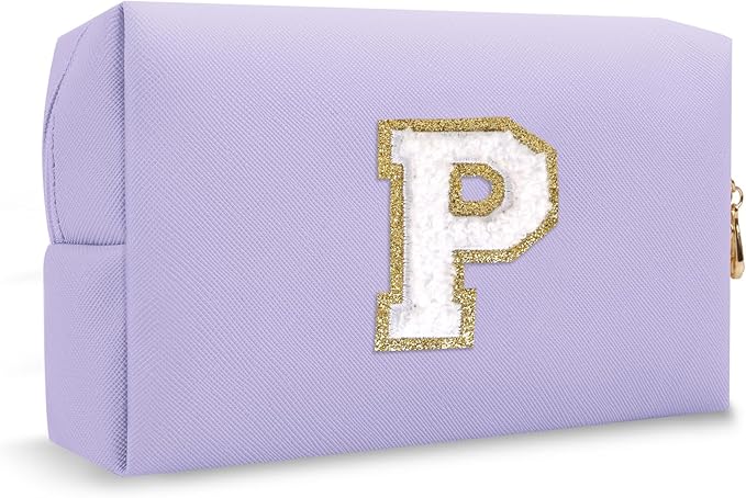 Personalized Initial Preppy Makeup Bag Organizer, Small Purple Cosmetic Bag Travel Toiletry Zipper Pouch for Purse, Portable Waterproof PU Monogram Make Up Case Party Gifts for Women Friends(Letter P)