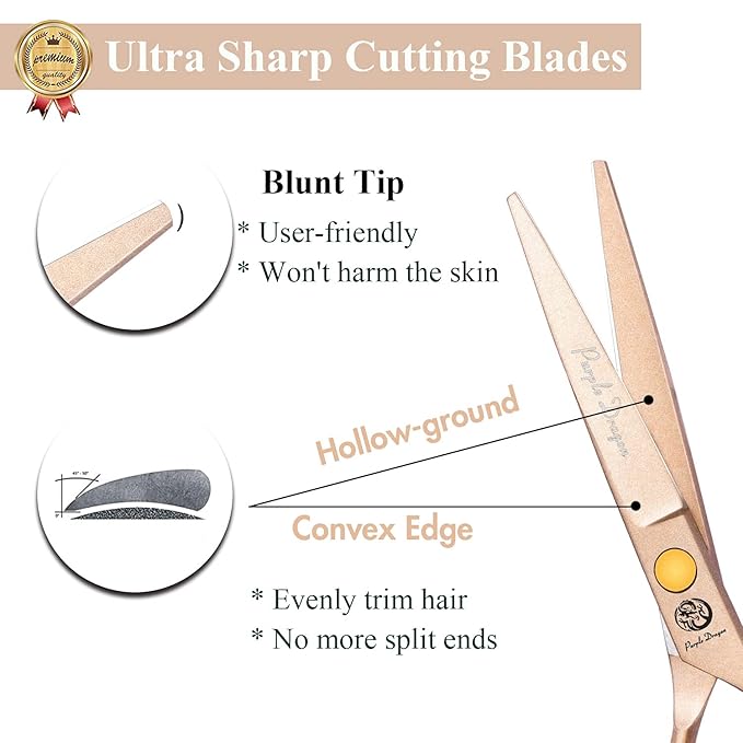 Purple Dragon 5.5 inch Hair Cutting Scissors Set with Razor, Leather Scissors Case, Barber Hair Cutting Shears Hair Thinning/Texturizing Shears for Professional Hairdresser or Home Use (Rose Gold)