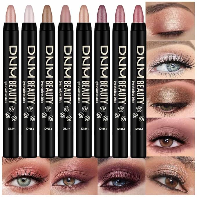 evpct 8Pcs Cream Eye Shadow Brightener Sticks Makeup Sets, Champagne Pearl Bronze Putty Sand Orchid Rose Gold Shimmer Matte Eyeshadow Eyeliner Pencil Applicator Stick Palette Makeup for Older Women 08