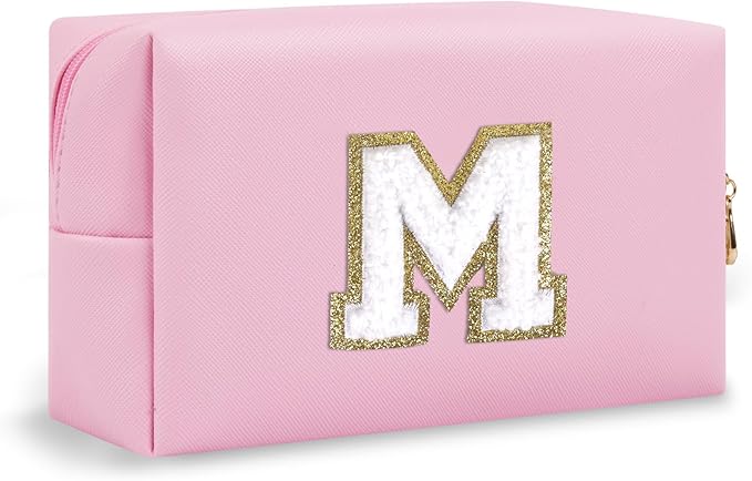 Small Travel Initial Preppy Makeup Bag, Personalized Pink Cute Cosmetic Organizer Chenille Letter Travel Toiltery Zipper Pouch, Waterproof PU Leather Make Up Case Mothers Day Gifts for Mom(Letter M)