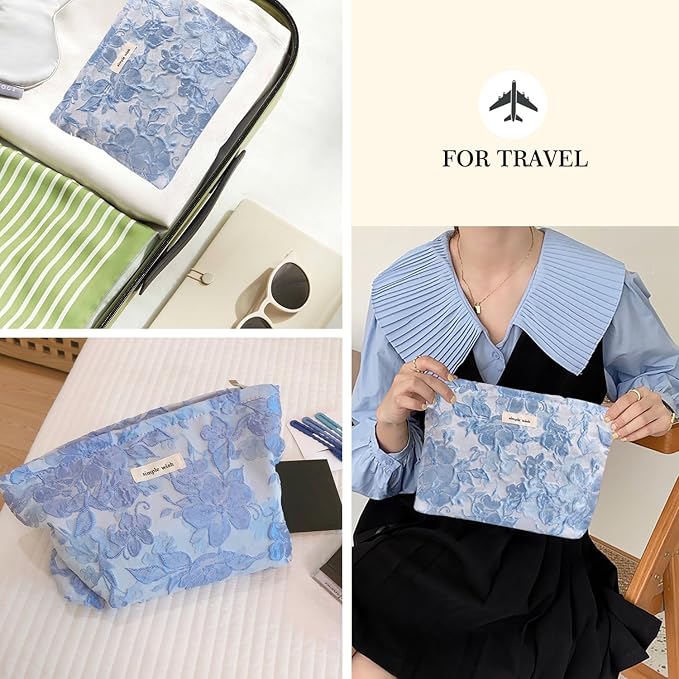 STARDW Aesthetic Floral Makeup Bag Cute Small Cosmetic Bags for Women Girls, Travel Toiletry Bag Large Capacity Zipper Makeup Pouch, Purse Organizer Pouches (Embossed Flowers)