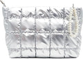 Puffer Quilted Makeup Bag Travel Cosmetic Bag Portable Puffy Checkered Toiletry Pouch Skincare Organizer Purse Pencil Case (Silver)