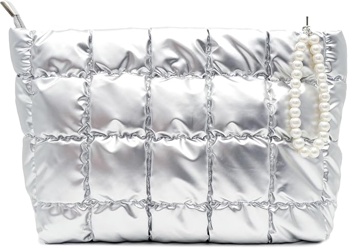 Puffer Quilted Makeup Bag Travel Cosmetic Bag Portable Puffy Checkered Toiletry Pouch Skincare Organizer Purse Pencil Case (Silver)