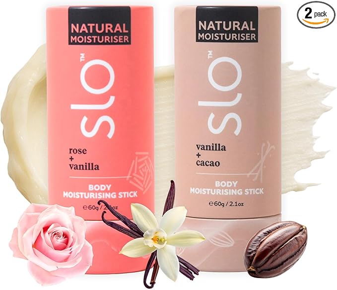 Slo Natural Moisturizing Stick | Body Balm with Organic Ingredients | Hydrating Nourishing | Coconut, Cocoa Butter & Antioxidants | Travel-Friendly | Rose Vanilla & Vanilla Cacao | 2set (2x2.1oz/60g)