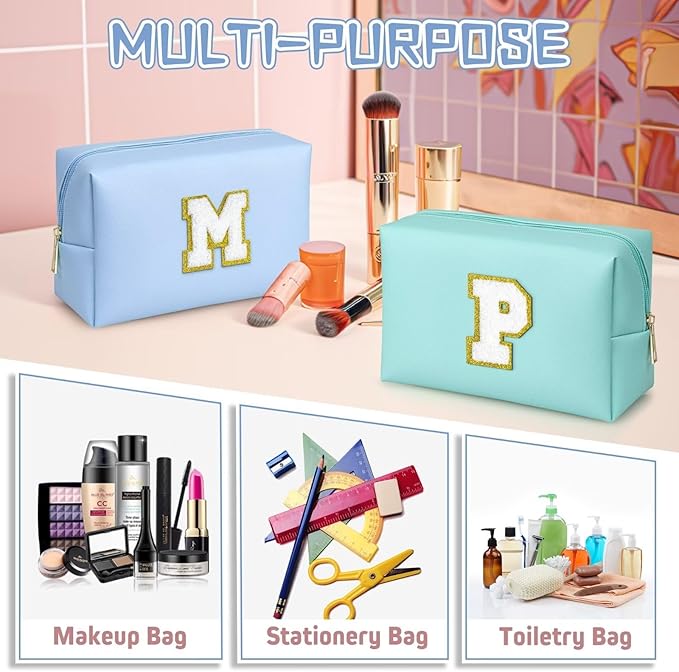 TOPEAST Preppy Small Makeup Bag, Chenille Letter Pouch Cosmetic Bag With Zipper, PU Leather Waterproof Toiletry Bag, Personalized Birthday Gift for Women, Cute Stuff for Girls (Sky Blue D)