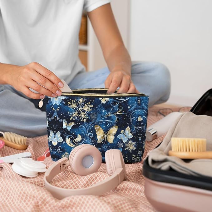 Womens Leather Makeup Bag Cosmetic Bag Travel Toiletry Bags Make Up Bags for Women Adult (Christmas Snowflakes Butterfly-21)