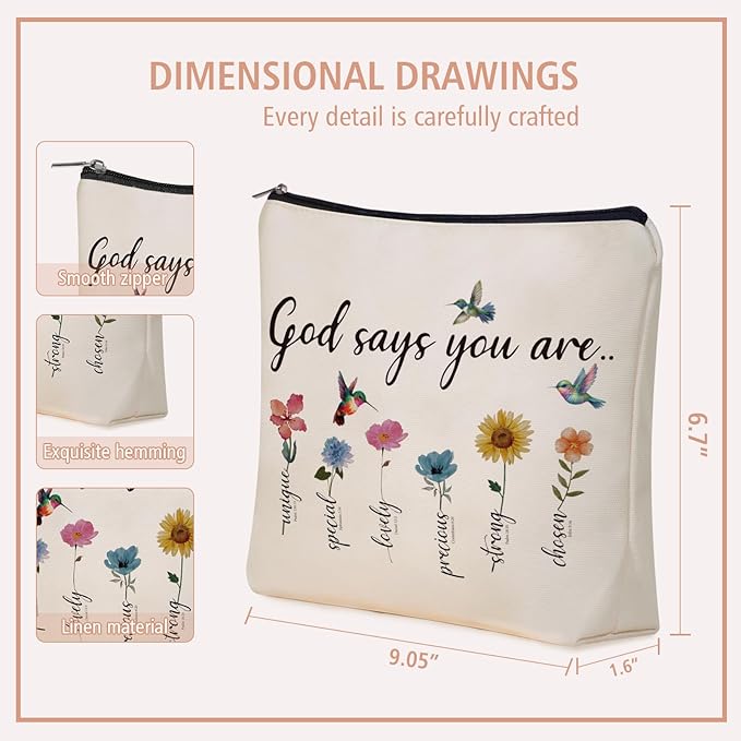 God Says You Are Scripture Makeup Bag Christian Christmas Gift: Inspirational Bible Verse Cosmetic Bag, Affirmations Gifts, Encouragement Gifts, Flower Bird Themd Birthday Gifts for Women Girls