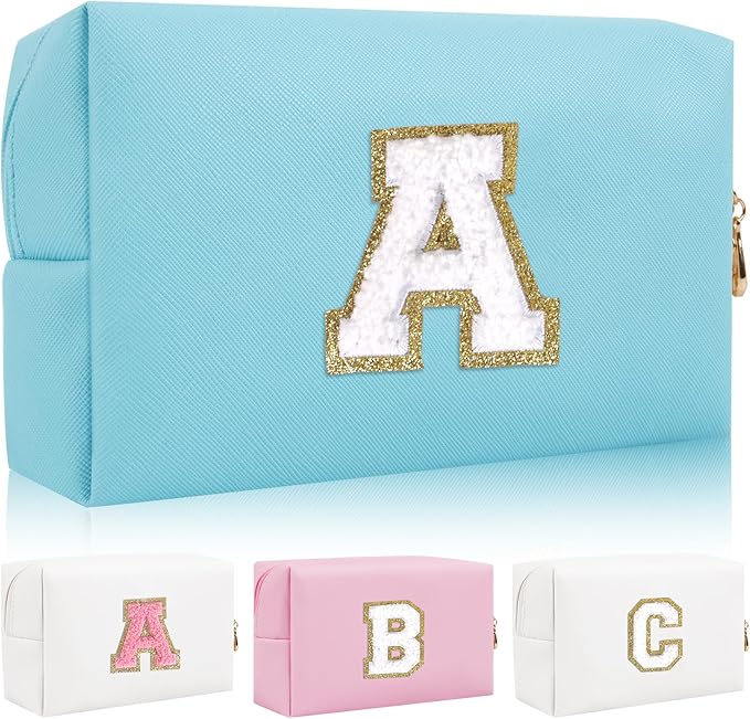 Personalized Initial Letter Patch Makeup Bag, Preppy Portable Chenille Cosmetic Bag with Zipper, PU Leather Waterproof Travel Toiletry Bag Monogram Make Up Pouch for Women Girls