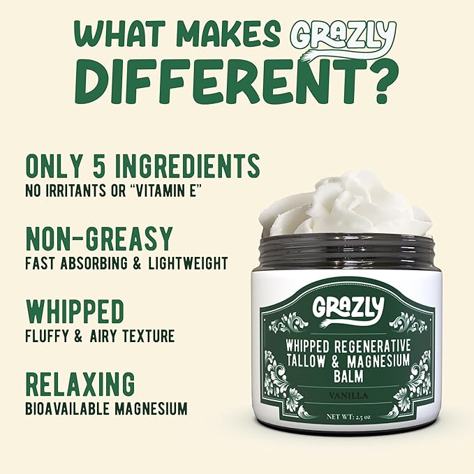 Whipped Beef Tallow for Skin w/Dead Sea Magnesium, Manuka Honey, Jojoba Oil & Vanilla - Grass Fed Beef Tallow Balm - Body & Face Moisturizer for Dry, Sensitive Skin - 2.5oz