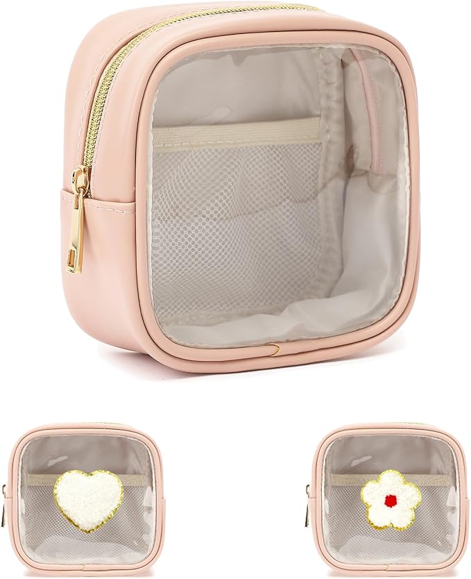 Clear Makeup Bag with 2 Cute Chenille patterns - Waterproof PU Leather Cosmetic Case, Mini Personalized Toiletry Pouch for Women & Teens, ideal for Travel & Gift