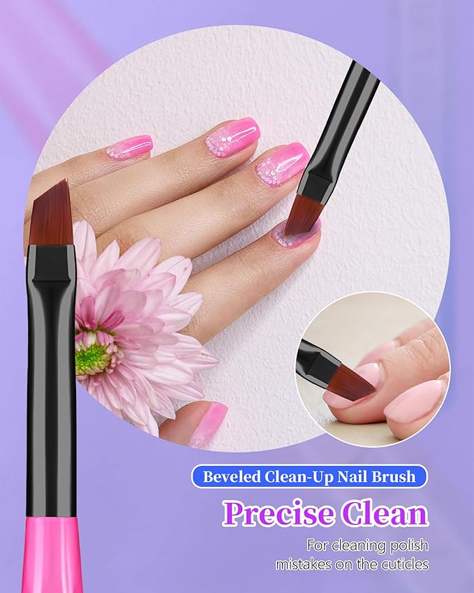 3PCS Nail Polish Clean Up Brush, Round&Falt&Angled Acetone Resistant Nail Brush for OPI Nail Polish Remover, Fingernail Cleaning Brushes at Home Nail Art and Designs(Gilded Pink Blue)